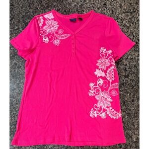 Basic Editions Womens XL Hot Pink Floral Paisley Ribbed Cotton Henley T-Shirt